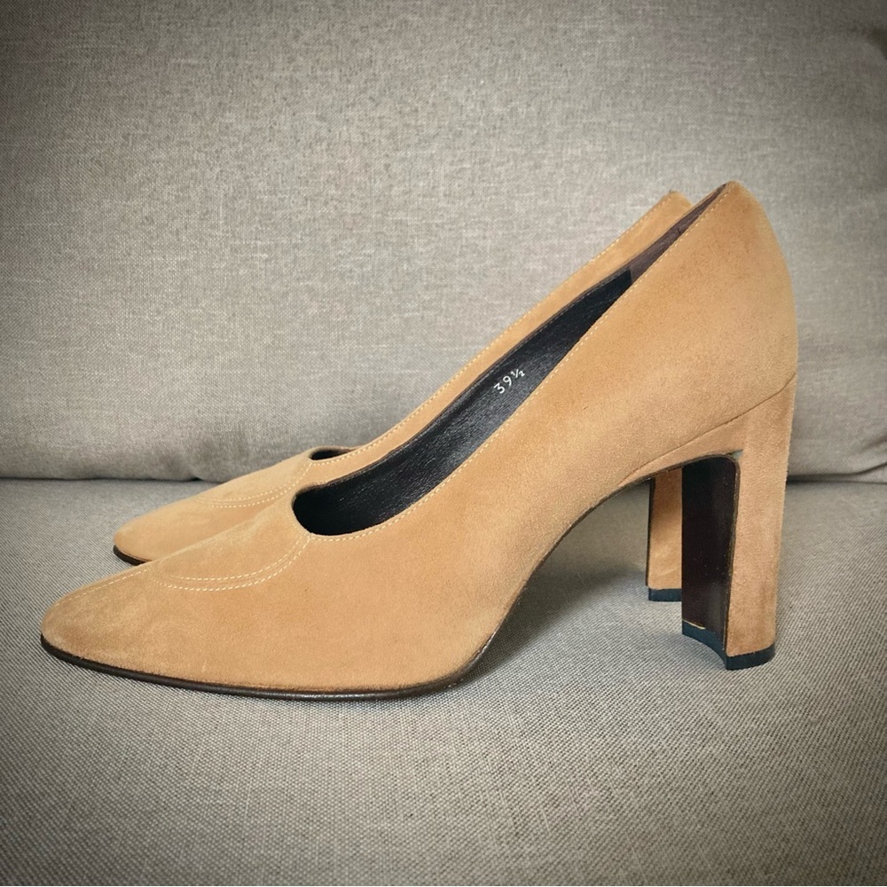 Battaglia Made in Italy Camel Suede Block Heel Pumps Size 39.5 US 8.5 Designer